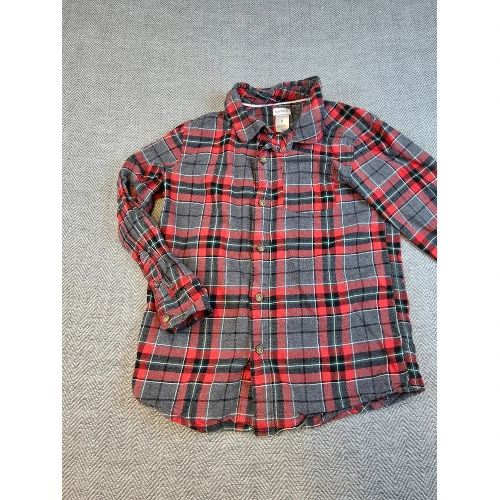 Carters Boys Red Grey Plaid Flannel Button Down Shirt Size 8 3J216610